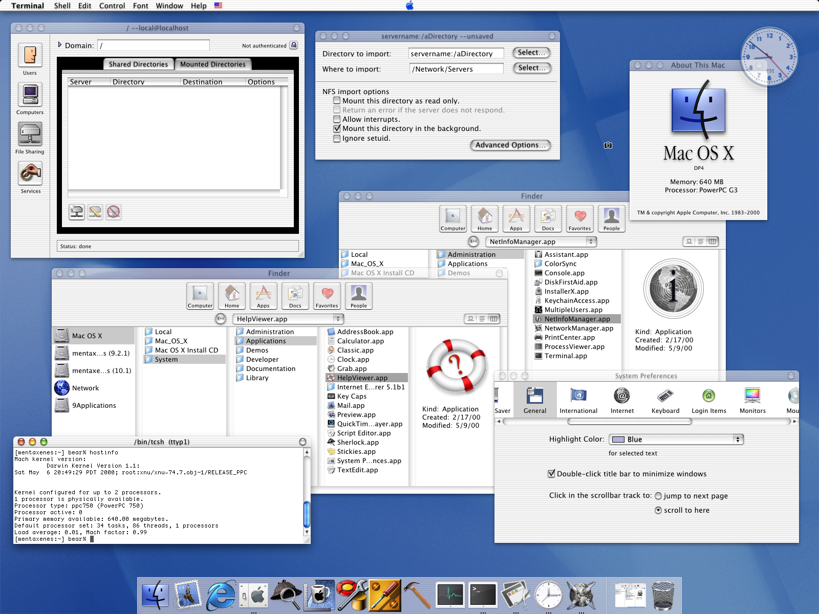 An example screenshot from an early OSX install. Note the Terminal running tcsh, NFS support and translucent effects.