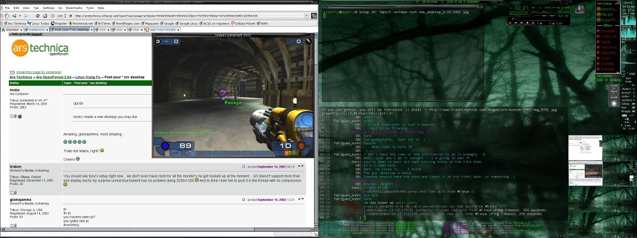 A screenshot from my Linux desktop in September 2002, featuring Unreal Tournament, XMMS, IRC, Licq and the Galeon web browser
